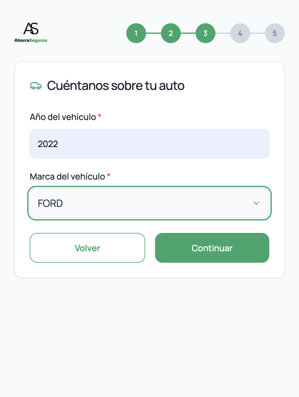 Paso 3 del cotizador: datos de tu auto