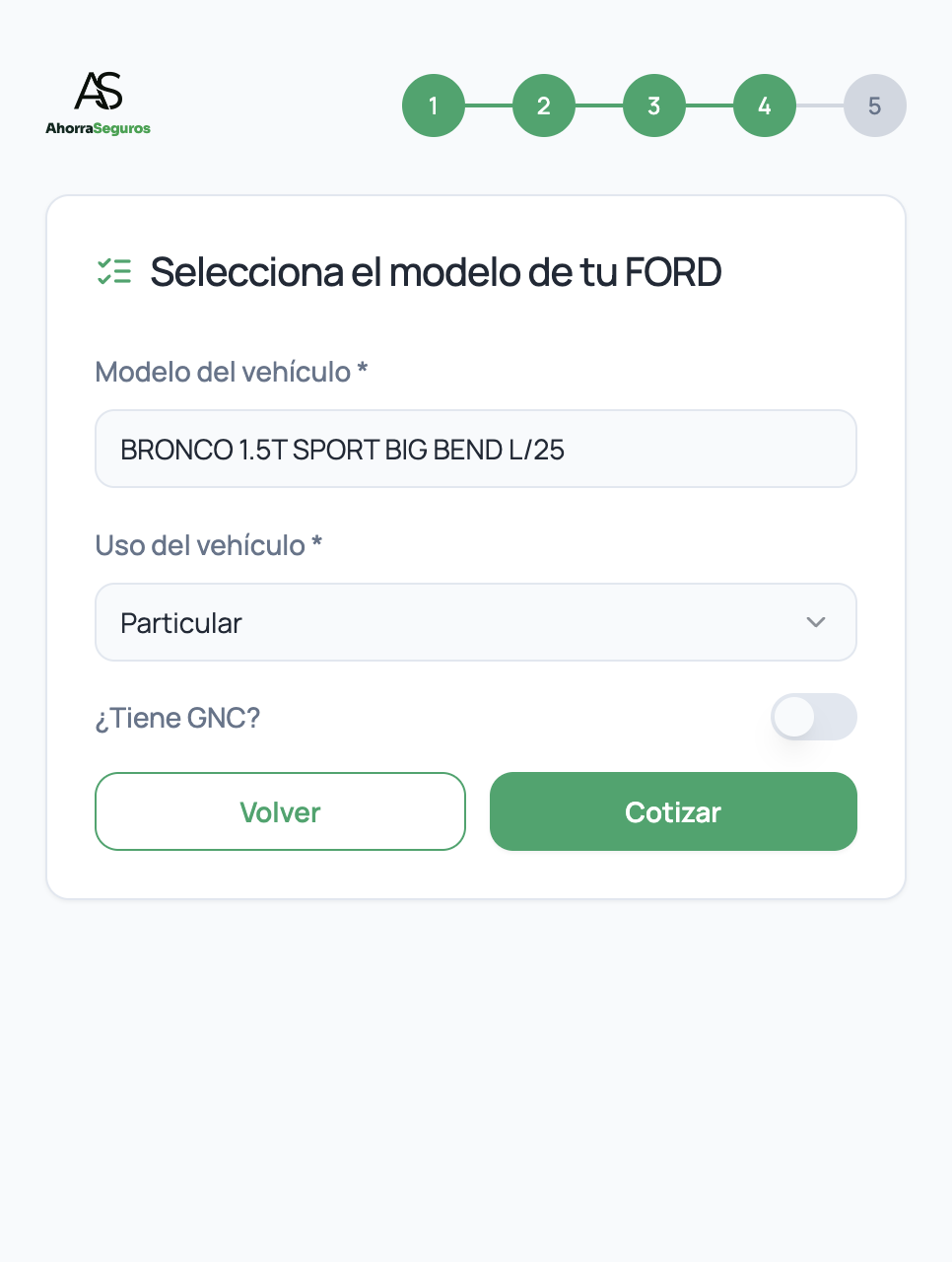 Paso 4 del cotizador: modelo y uso del vehículo